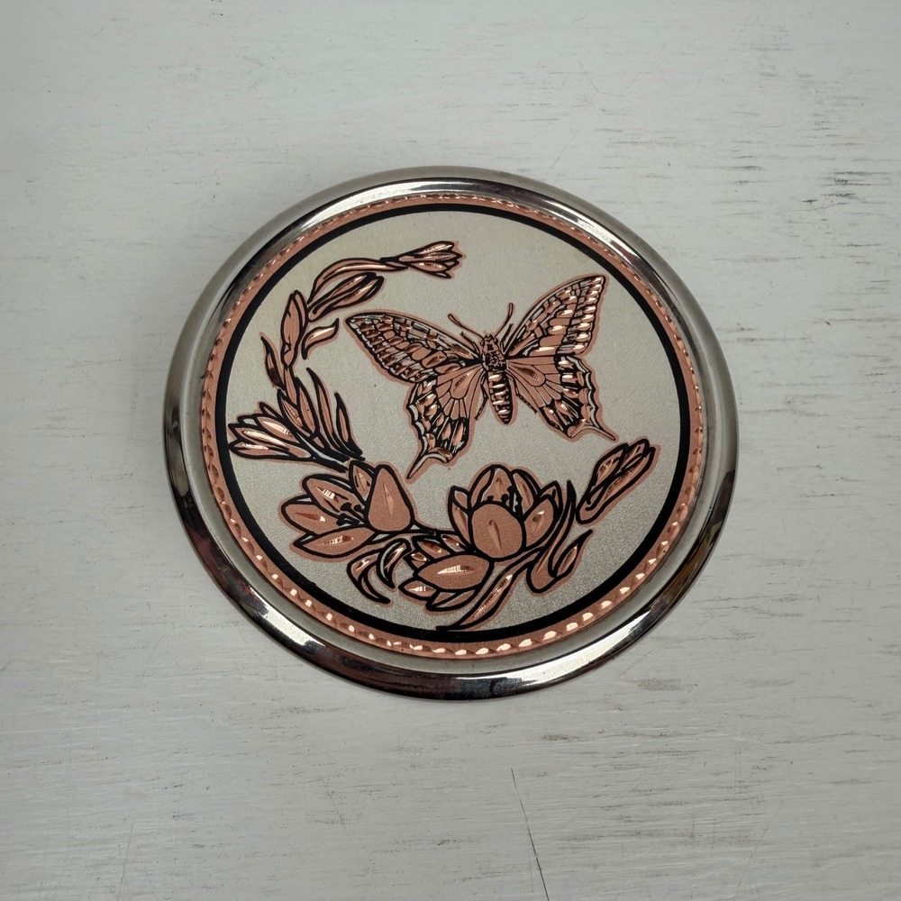 Silver Tone Round Trinket Box Copper Etched Butterfly Floral Velvet Lined